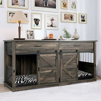 Rustic wooden dog crate furniture with decor and pet photos on wall.