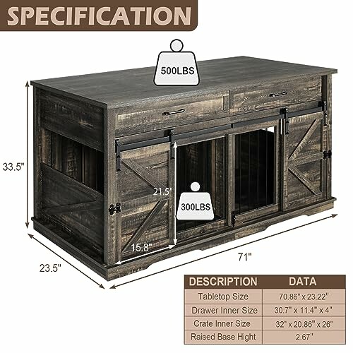 Rustic dog crate furniture with sliding barn doors and weight capacity details.