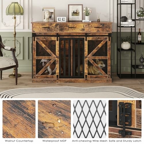 Rustic wooden dog crate furniture with wire mesh and decorative items on top.