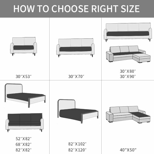 Guide for choosing the right size for sofas and beds, showing dimensions for different furniture types.