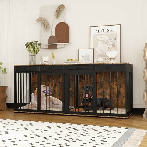 Two dogs relaxing in a stylish black and brown dog crate furniture unit, with decor and art on top.