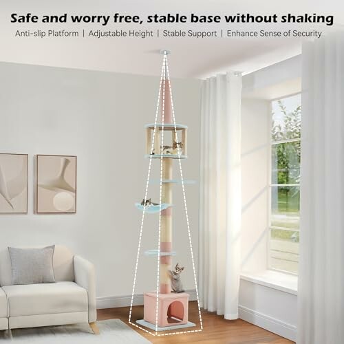 Tall cat tree tower with multiple platforms in a living room.