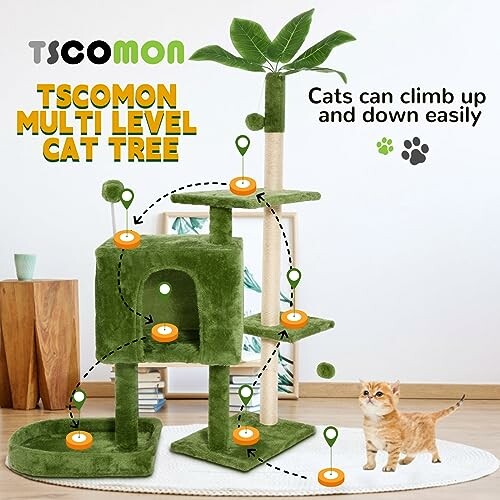 Multi-level cat tree with green platforms and a small kitten.