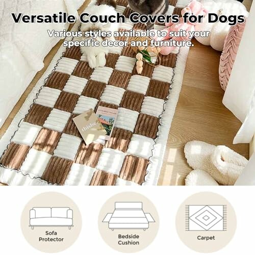 Dog-friendly couch cover with checkered pattern in cozy room.