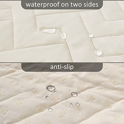 Close-up of waterproof and anti-slip mattress cover with water droplets.