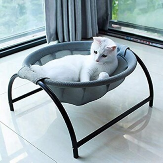 White cat lounging in a hammock chair by a window.