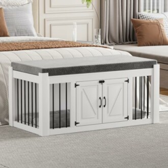 White dog crate with cushion in bedroom setting