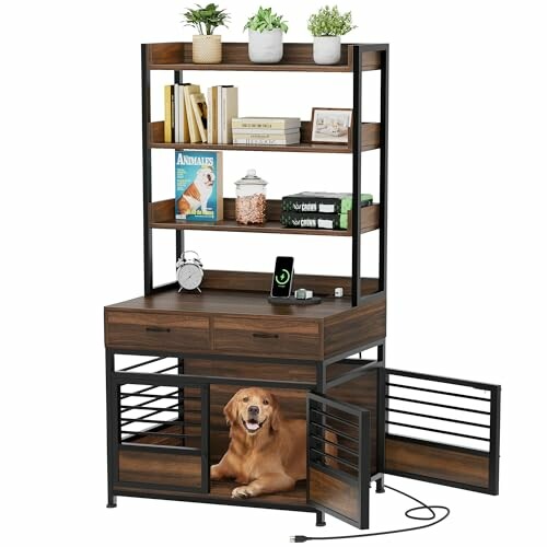 Wooden desk with shelves and a dog cabinet underneath.