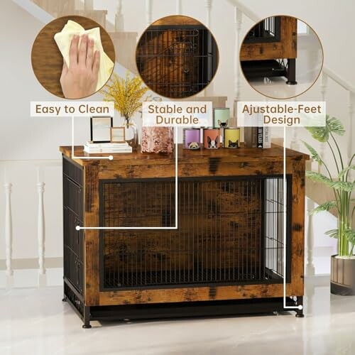 Stylish wooden dog crate with cleaning, stability, and adjustable feet features.