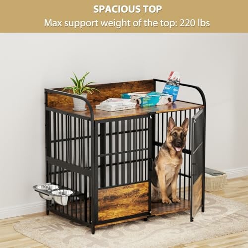 Wooden dog crate with spacious top and a German Shepherd inside.