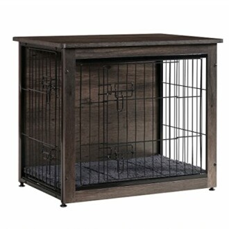 Wooden dog crate with metal bars and a cushioned interior.