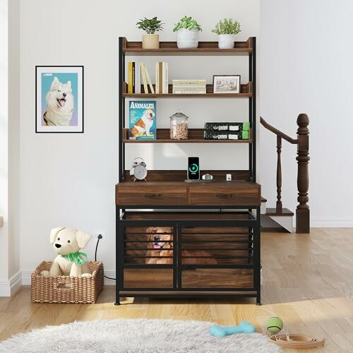 Wooden shelf unit with plants, books, and dog kennel at the bottom.